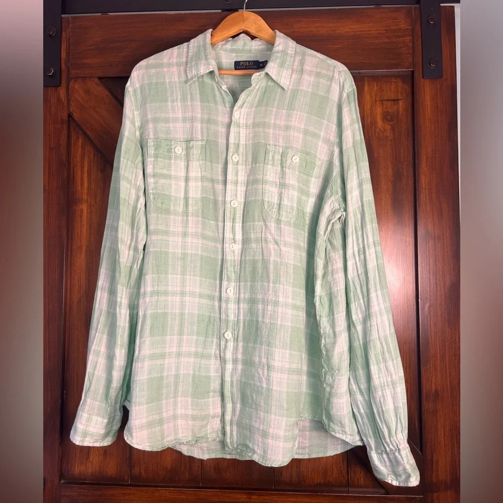 Polo Ralph Lauren Linen‎ Light Green and White Plaid Men's XL Long Sleeve Shirt